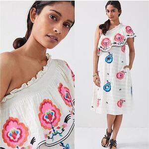 Plenty by Tracy Reese Anthro Embroidered Floral One-Shoulder Midi Dress Boho